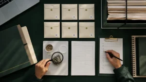 Mesa organizada para verificar muestras y trazabilidad documental.