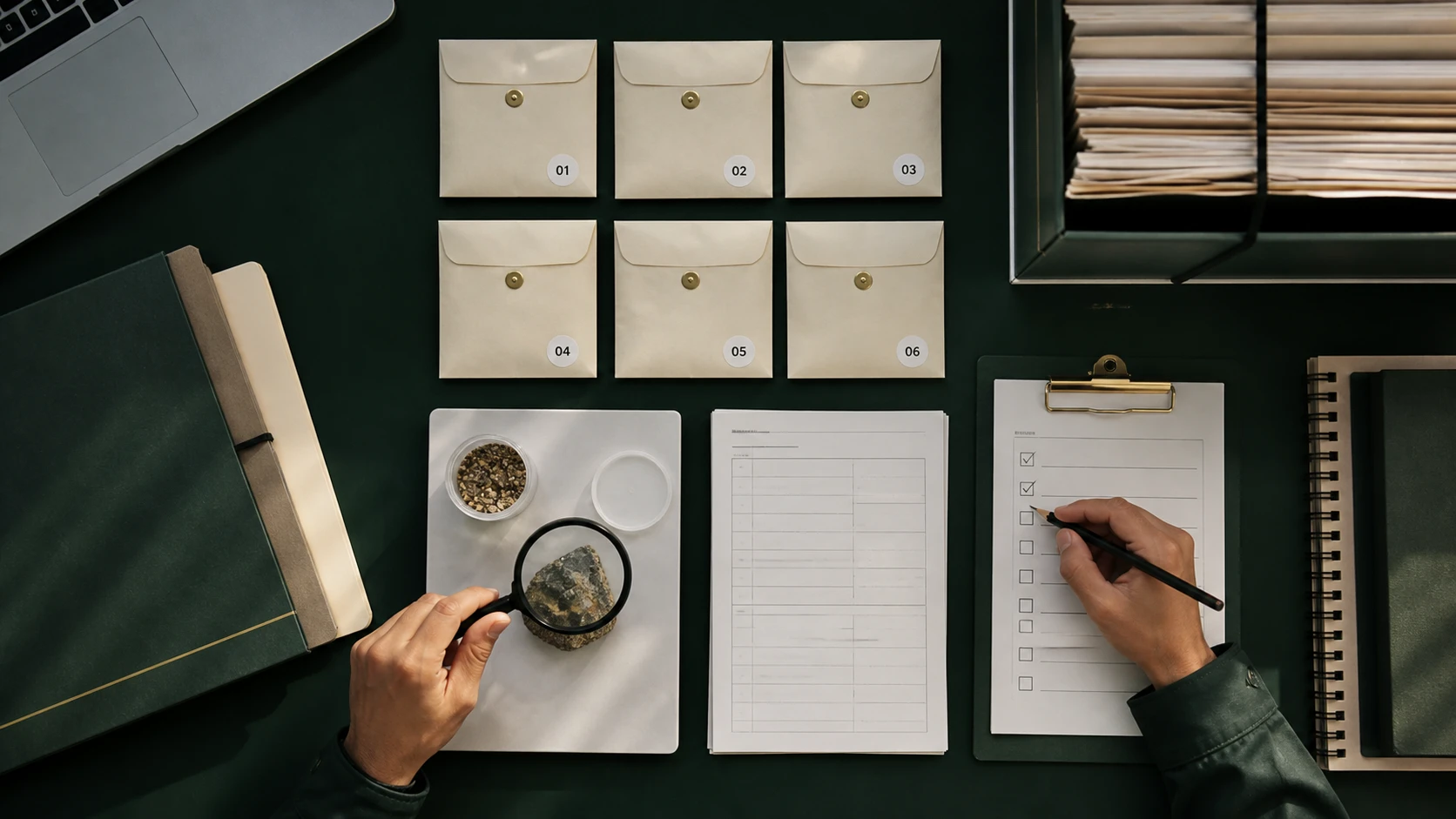 Mesa organizada para verificar muestras y trazabilidad documental.