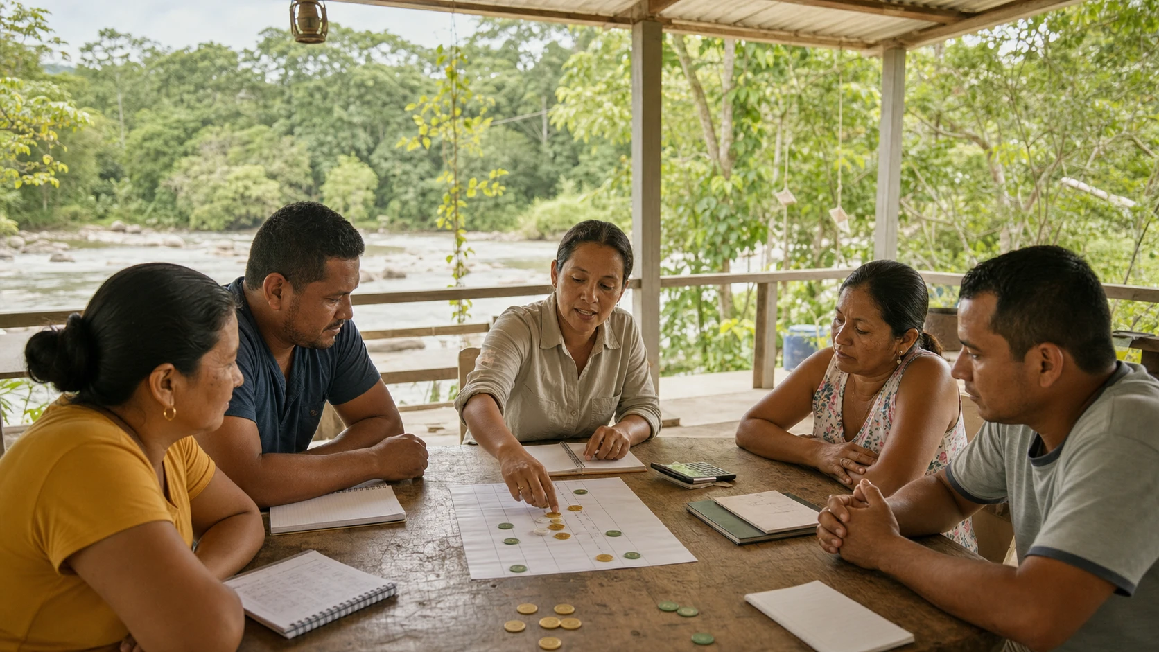 Jornada comunitaria de educación financiera junto a un río colombiano.